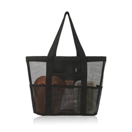 MultiValue Beach Bag, Family Essential Shower Bag Large Capacity Mesh Beach Bag with Zip Splash-proof Pocket Reusable Lightweight Beach Tote Bag for Pool Picnic Traveling (Black)