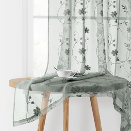 HOMEIDEAS Sage Green Sheer Curtains 84 Inches Long 2 Panels Embroidered Floral Sheer Pattern Curtains Semi Sheer Window Curtains for Bedroom Living Room