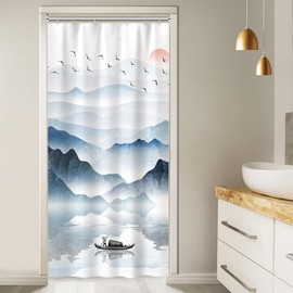 Ruelvth Stall Shower Curtain, Ink Painting Mountain Small Shower Curtain Set Abstract Sunrise Aesthetic Nature Scenery Waterproof Fabric Bathroom Decor with Hooks, 36x72 Inch