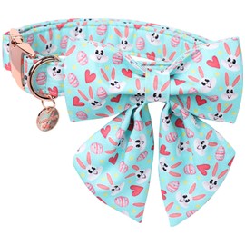 DOGWONG Cotton Easter Dog Collar with Bowtie, Soft Adjustable Blue Bunny Easter Day Dog Collar Cute Colorful Egg Puppy Collar for Small Medium Large Dog