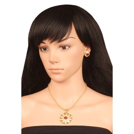 Touchstone Indian Bollywood Traditional Studded Style Leafy Motif Faux Pearls Faux Ruby Faux Emerald Round Shape Designer Jewelry Pendant Set In Gold Tone For Women.