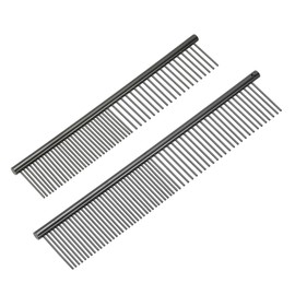PETAXCELL Dog Cat Comb, Pet Combs Stainless Steel Teeth with Rounded Ends for Knots Mats Loose Hair Removal, 6.5/7.5IN (Black Plated, 2 Pack), Grooming Tool Intended for Long Curly Hair Pet