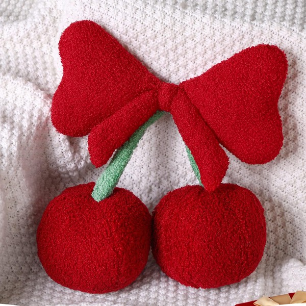 Beeveer Small Bow Cherry Throw Pillow Wool Cute Coquette Room