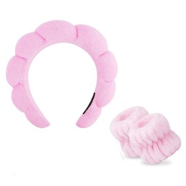 Sponge Face Wash Headband and Wristband Set, Spa Makeup Skincare Terry Cloth Bubble Soft Headbands, for Women Girl Puffy Padded Non Slip Thick Hair Accessory(Pink)
