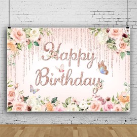 ChloropLastid 10x8ft Pink Floral Birthday Backdrop Rose Gold Glitter Flower Blossom Butterflies Happy Birthday Photography Background for Girls Princess Bday Party Decorations Banner Photo Props
