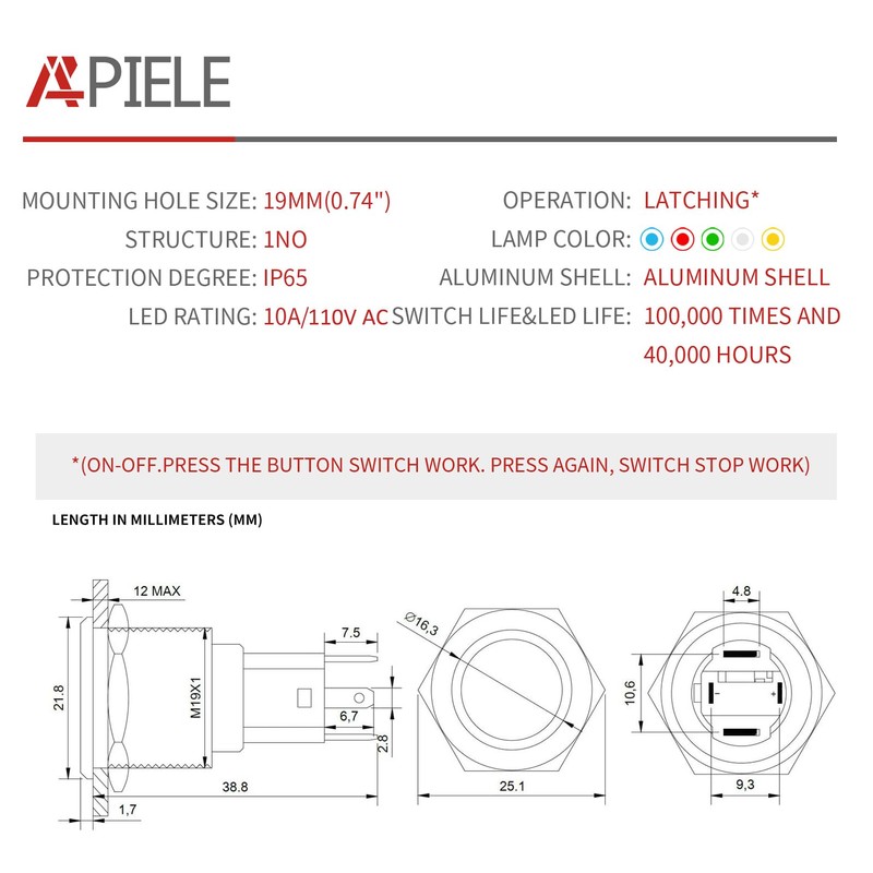 APIELE 10 Amp 19mm Latching Push Button Switch 110V-220V SPST