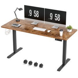 Furmax Electric Standing Desk, 59 x 24 Inches Height Adjustable Desk with Wheels, Home Office Computer Desk with Management Box (Brown)