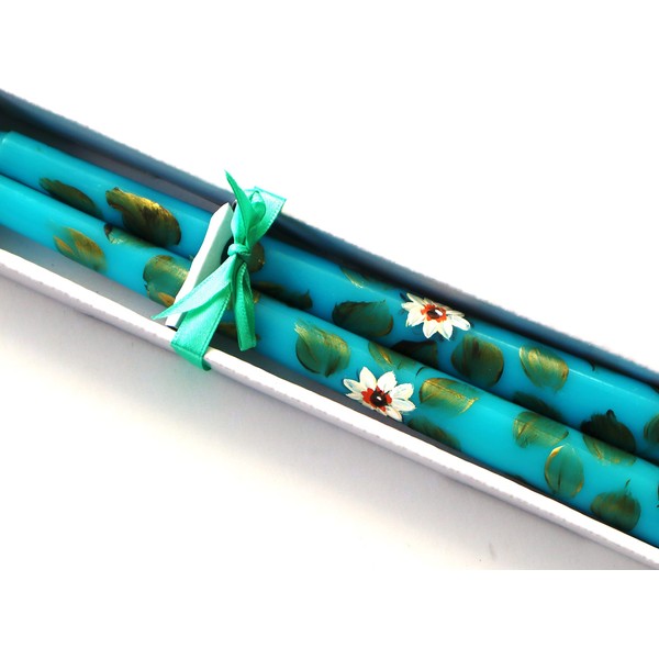 Romantic Decorative Hand Painted Daisies Turquoise Blue Taper Candles Floral