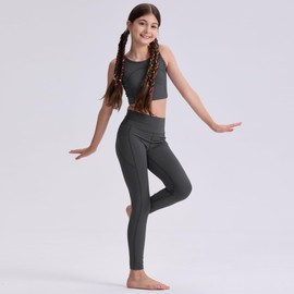 SKIDREAM Girls' Black Athletic Leggings with Pockets, White Ankle Length Yoga Pants for Kids Size 6-16