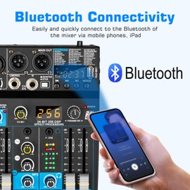 Depusheng Professional Audio Mixer Digital FX 256-Bit DSP USB Bluetooth MP3 Computer DJ Mixer 5 Channel input Interface with 48V Phantom Power for PC recording Live Streaming, Podcasting, Karaok