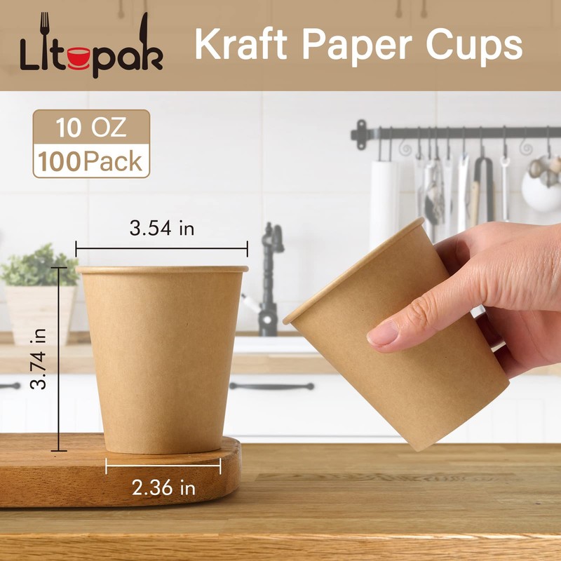 LITOPAK 100 Pack 10 oz Kraft Paper Coffee Cups for