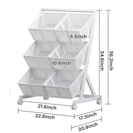 Beaugreen Metal Kitchen Storage Baskets on Wheels, Floor Stand Fruits Vegetables Storage Basket Cart Pantry Organizer Rack with Detachable Baskets (HG2600 White, 3 Tier)