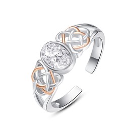 praymos Clear Stone 925 Sterling Silver Birthstone Ring for Women Girls Gemstone Ring Celtic Knot Statement Ring Oval Open Birthday Jewelry