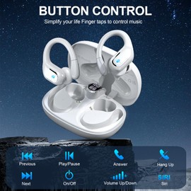 Wireless Earbuds, Bluetooth 5.4 Headphones Sport, 75H Hi-Fi Stereo Wireless Earphones with 4 ENC Noise Canceling Mic, IPX8 Waterproof Over Ear Buds with Earhooks, LED Display Bluetooth Earbuds, White