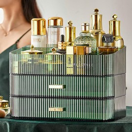 Makeup Organizer with Drawers, Stackable Cosmetics Organizer, Large Make Up Organizer Storage Box, Ideal for Bathroom Countertop and Desk (1 x Tray, Green)