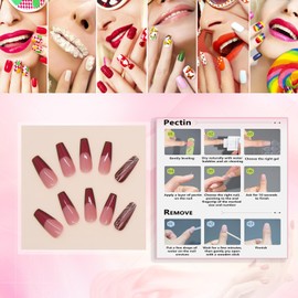 Rchvosam Dark Red French Nails Press on Medium Length Coffin Fake Nails Line Pattern Design False Nails With Diamond Stick on Nails Kit for Women 24pcs