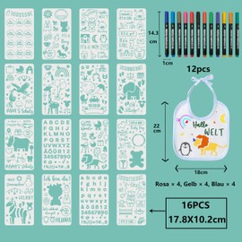 FloraVigo Pack of 12 Baby Bibs for Bem with 16 Drawing Templates, 12 Textile Pens, Baby Shower Decoration Game, Waterproof Bibs for Babies, Boys and Girls, Baby Shower, Animal Painting Templates
