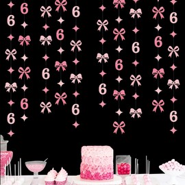 Glitter Pink 6th Bow Birthday Decorations Hot Pink Conquette Bow Garland Streamer Banner Backdrop for Girls Happy 6th Birthday Slayin' Since 2020 Cheers to 6 Years Old Anniversary Party Supplies