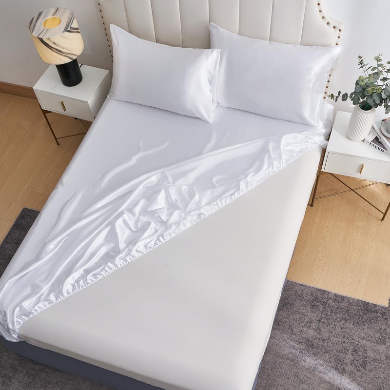 DuShow Fitted Sheet-Deep Pocket Satin Silky Bed Sheet,Breathable Soft and