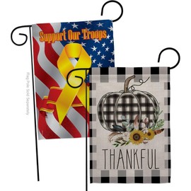 Farmhouse Decoration Thanksgiving Support Our Troops Banner Pack Wall Art Flag Room Indoor Outdoor Tapestry Yard Grave Cemetery Signs Buffalo Plaid Pumpkin Backyard Decor, Fall Gifts Made in USA