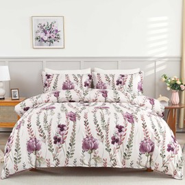 Purple Floral Duvet Cover Set Double Size Bedding Quilt Cover White and Purple Reversible 3Pcs Soft Microfiber Bedding Set with 2 Pillowcases(Double, 200x200cm)