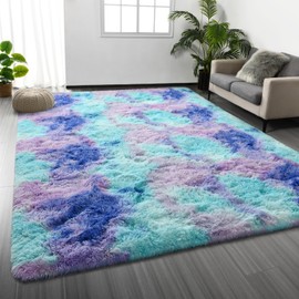 Deerhoo Shag Area Rug, 4 X 6 Tie-Dyed Plush Fuzzy Rugs for Living Room, Ultra Soft Fluffy Furry Rugs for Bedroom, Indoor Carpet Nursery Rugs for Kids Room Home Decor, Rainbow