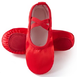 TRIPLE DEER Ballet Shoes for Girls, Plush Satin Dance Practice Slippers Split Soft Leather Flat Sole Yoga Gymnastics Shoes (Toddler/Little/Big Kid) Red