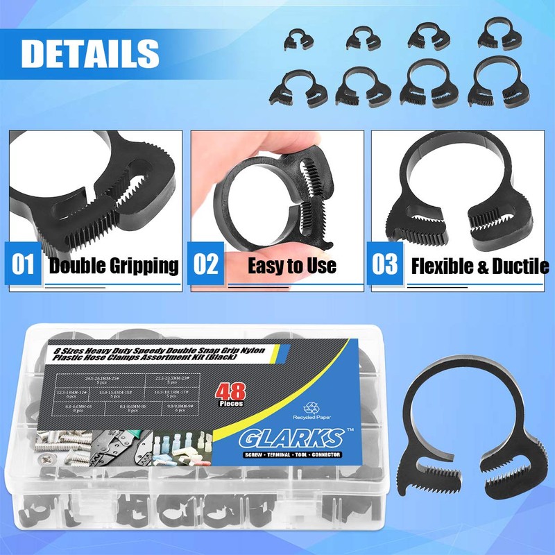 Glarks 48Pcs 8 Size Heavy Duty Black Double Gripping Nylon
