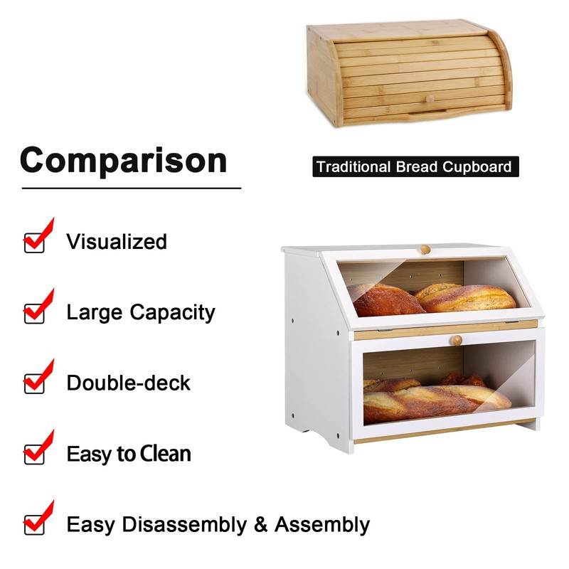 HOMEKOKO Double Layer Large Bread Box for Kitchen Counter, Wooden