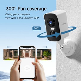 fanxiang 2K Wireless Security Camera Outdoor Rechargeable Battery Camera WiFi, 300° Pan Rotating, AI Motion Detection, PIR, Color Night Vision, Spotlight, Siren, Two-Way Talk, IP65, SD/Cloud Storage