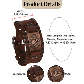 Aroncent Viking Wolf Cuff Bracelet: Leather Norse Rune Brown Wristband - Adjustable for Men and Women