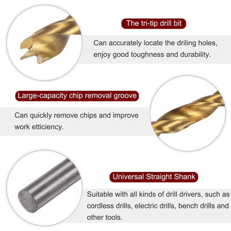 HARFINGTON 8pcs Brad Point Drill Bits 6mm(15/64") Dia HSS4241 Straight