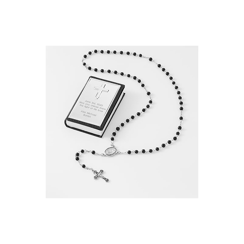 THINGS REMEMBERED First Communion Black Rosary and Engraved Keepsake Box