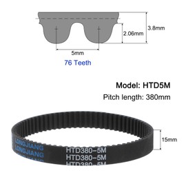 sourcing map HTD5M-380 Rubber Timing Belt 76 Teeth Closed Loop Pulley Timing Belt 15mm Width, 380mm Pitch Length Synchronous Belt