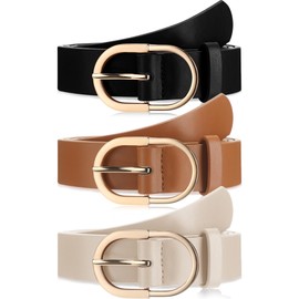 Breathffy 3 Pcs Women's Leather Belts for Jeans Dresses Pants Ladies Belt Bulk with Gold Buckle (Black, Camel, Apricot, XL: fit Waist Size 42-47 Inches)