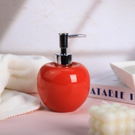 Bicuzat Ceramic Red Apple Shaped Soap Dispenser with Plastic Pump, Liquid Body Lotion Soap Bottle, Hand Soap Dispenser for Bathroom Kitchen Countertop