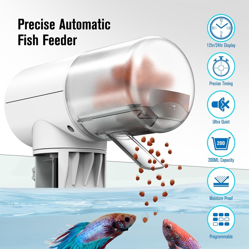 JuzPetz Automatic Fish Feeder Dispenser for Aquarium, 200ml Large Capacity