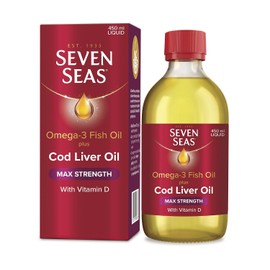 Seven Seas Omega-3 Fish Oil Plus Cod Liver Oil MAX Strength, with Omega-3, Vitamins D and Vitamin E. Food Supplement for Brain2 & Body1-4 Support, 450ml Liquid
