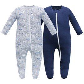Owlivia Organic Cotton Baby Pajamas, Boys Girls 2 Pack Zip Front Sleep 'N Play, Footed Sleeper, Long Sleeve(12-18 Months, Wave & Navy)