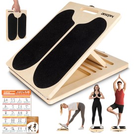 3-in-1 Wooden Slant Board & Balance Board, Portable 6 Angle Adjustable Calf Stretcher with 180°/360° Balance Training & Poster, Anti-Slip 300LBS Wobble Board for Physical Therapy & Standing Desk