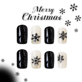 24Pcs Christmas Press on Nails Short Square Fake Nails with Glitter Snowflakes Designs Shiny Snow French Tip Acrylic Nails Gold Glitter Nail Tips Full Cover Xmas False Nails for Women Manicure Decor