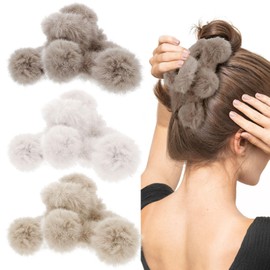 TIHEBAX Fuzzy Hair Clips 3PCS 5.5IN Fluffy Hairball Claw Clip Jumbo Large Claw Clips for Thick&Long Hair Strong Hold Soft Faux Hair Clip Cute Plush Hair Claws for Women&Girls Beige Khaki Brown