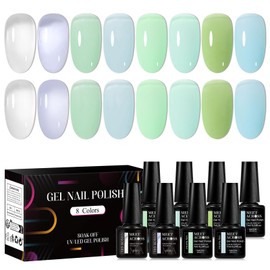 MEET ACROSS Jelly Green Gel Nail Polish Set, 8 Transparent Colors Sheer White Emerald Green Blue, Soak Off UV Light Cure Gel Polish for Salon and Nail Art DIY at Home, Manicure Gift for Girls Women