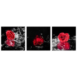 NAN Wind 3 Pcs Modern Canvas Painting Black and White Red Rose Canvas Art Rose and Water Drops Wall Art Flower Picture on Canvas for Home Decor Giclee Framed Artwork for Wall