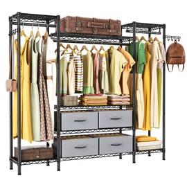 Large Garment Rack Heavy Duty Clothes Rack,Freestanding Closet Portable Clothing Rack with 8 Adjustable Wire Shelves,3 Hang Rods,4 Fabric Drawers,2 Hooks,Metal Closet Storage Wardrobe,MaxLoad 900lbs