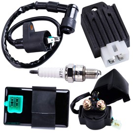 CNCMOTOK CDI Box Ignition Coil Solenoid Relay Voltage Regulator with Spark Plug Set of Five(5) for 50cc 70cc 90cc 110cc 125cc ATV Dirt Bike and Go Kart