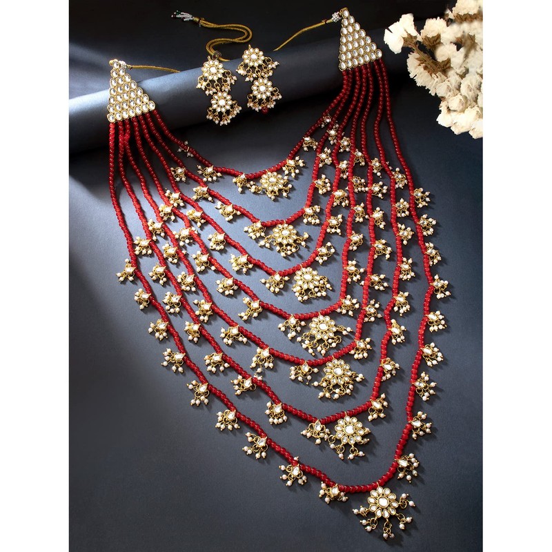 Aheli Multi Layered Red Pearl con Kundan Collar Pendiente Indio