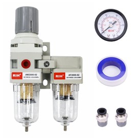 RIH Air Dryer System -1/4" NPT Double Air Filters-5 Micron Particulate Filter& Air Pressure Regulator - Gauge(0-150 psi), Semi-Auto Drain, Poly Bowl,Bracket - 3 in 1 Two Unit (1/4" NPT)