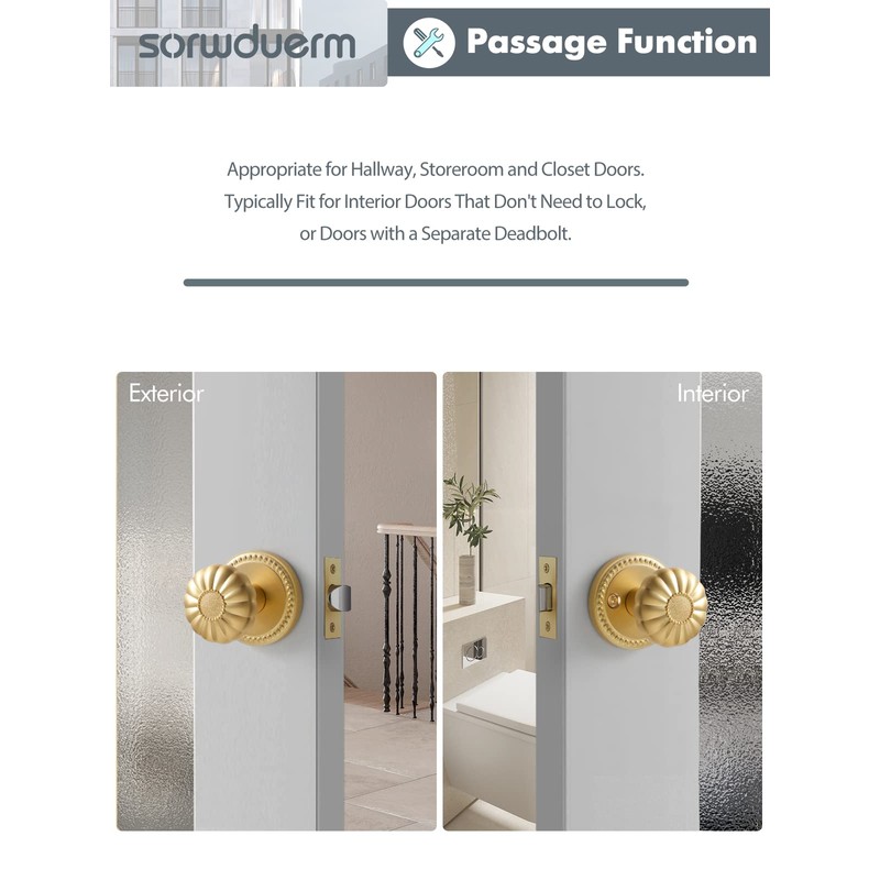 SORWDUERM Gold Door Knobs Passage Door Knobs Brushed Gold Interior