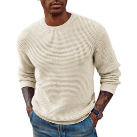 PJ PAUL JONES Men Cable Knit Sweaters Crew Neck Sweater Waffle Pullover Thermal Sweaters Beige